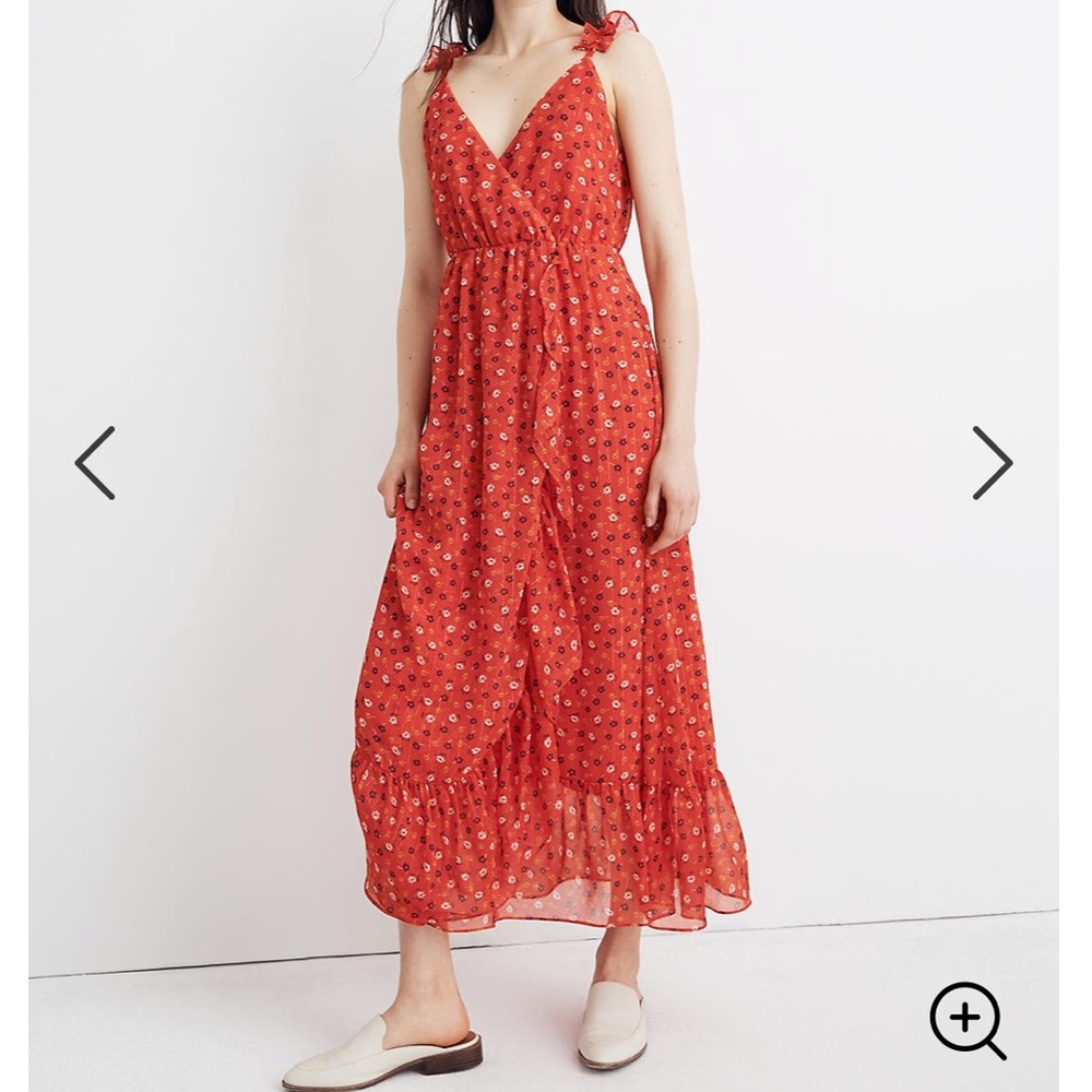 NWT Madewell Prairie Posies Red Floral Ruffle Midi / Maxi Wrap Dress Size 8